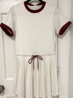Girls' White Pleated Dress with Burgundy Trim